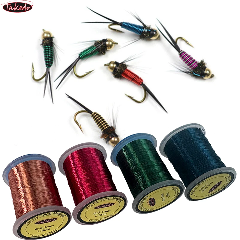 TAKEDO 0,1 MM 50M/carrete atado de moscas alambre de cobre para cebos de señuelo de mosca cuerpo acanalada plomo agua Metal atado de moscas hilo