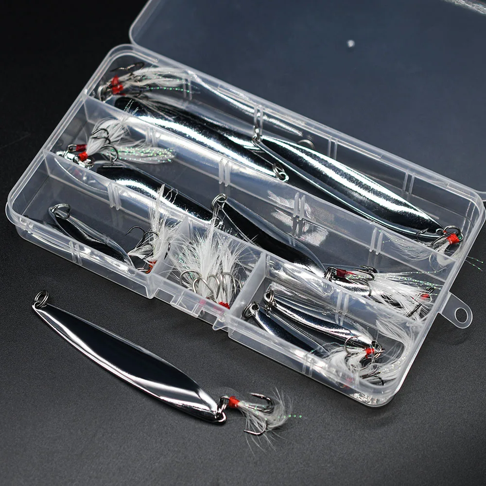Señuelo tipo cuchara de pesca con lentejuelas plateadas y Metal, cebos duros con anzuelo de plumas, señuelos de mar para lubina, Spinner, juegos de aparejos de pesca, 16 Uds. - imagen 5