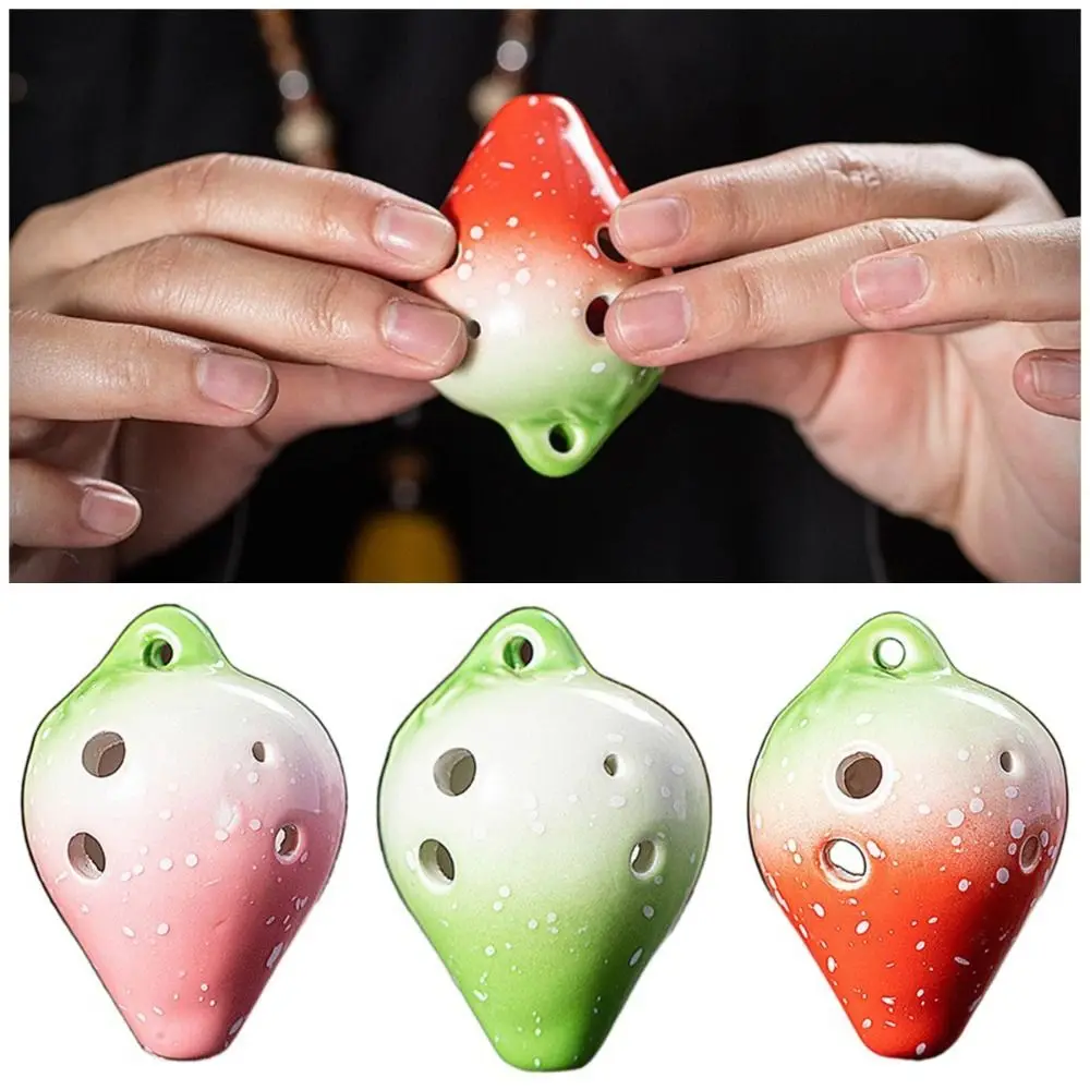 Lindo Ocarina en forma de fresa Color degradado tono C 6 agujeros Ocarina de cerámica portátil diversión niños instrumentos musicales juguete - imagen 3