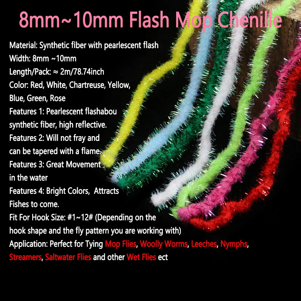 Bimoo-fregona Flash nacarada de 2m, 8 ~ 10mm de espesor, chenilla Flashabou, fregona de fibra Mylar, sanguijuela, serpentina de ninfa, Material de atado de moscas húmedas - imagen 3
