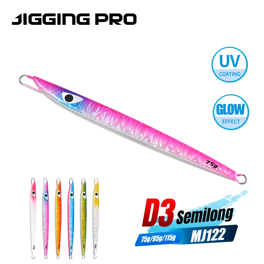 JIGGING PRO 75g 95g 115g D3 Semilong señuelo de Jigging Vertical agua salada plantilla de Metal cebo de pesca aparejos de pesca de mar atún Bonito