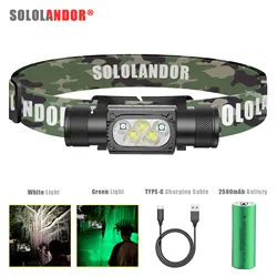 Linterna frontal LED pesca recargable USB-C memoria luz blanca y verde