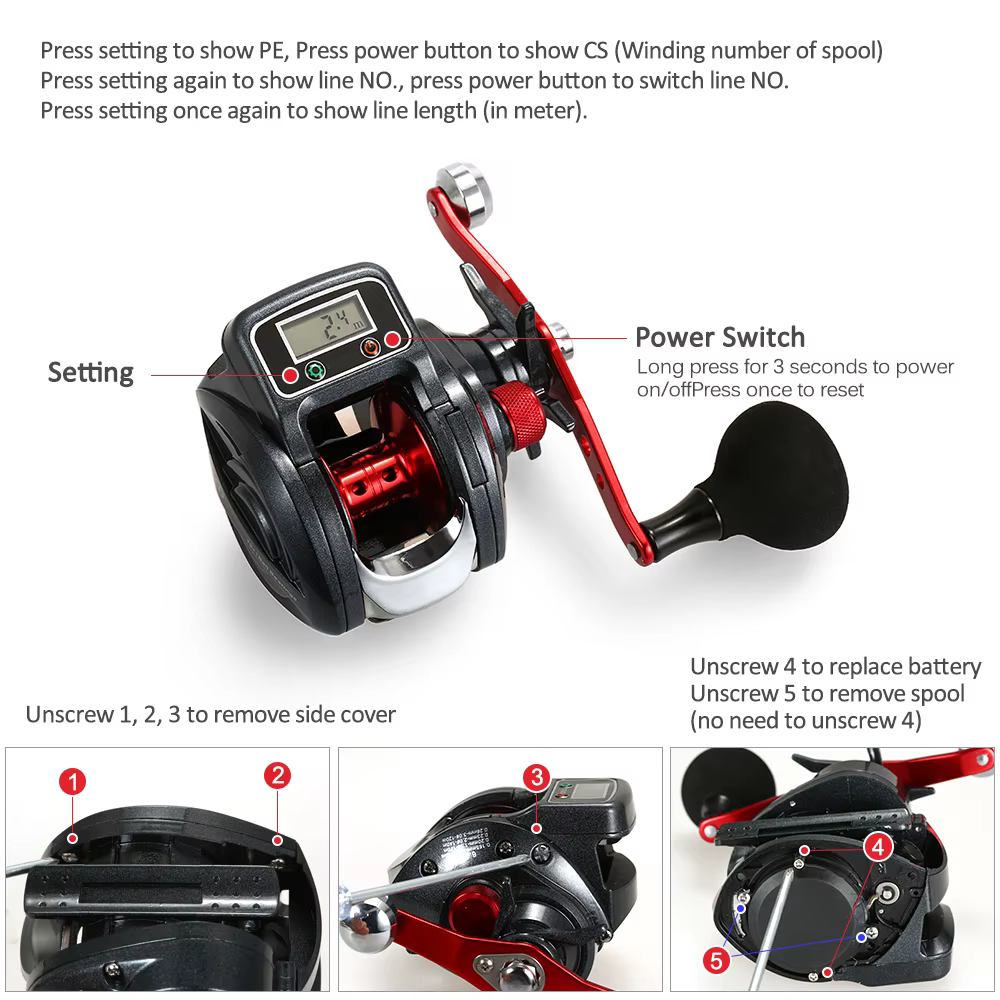 Carrete Baitcasting Eléctrico con Pantalla LED y Arrastre Frontal - imagen 5