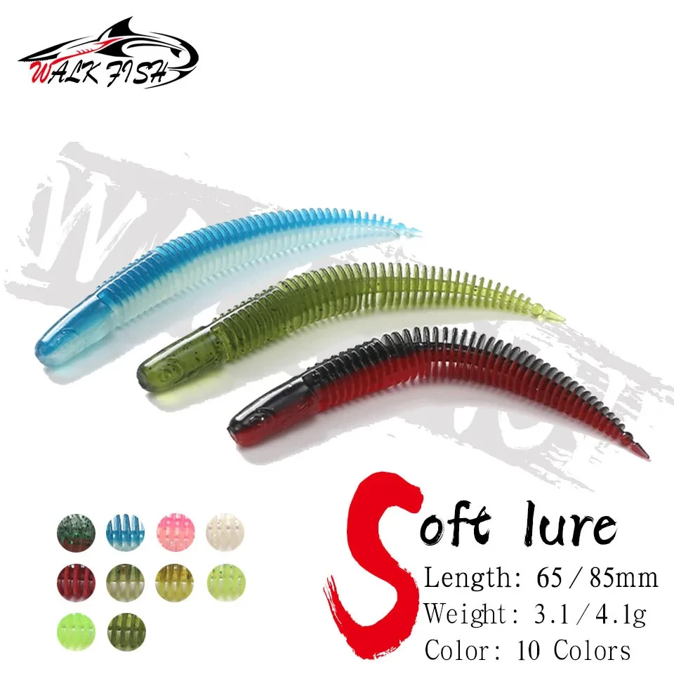 WALK FISH-Señuelos de pesca con sonrisa, cebo suave de 65mm, gusano de baile ligero, fideos, aguja de gusano, cola recta, lubina flotante, Manda