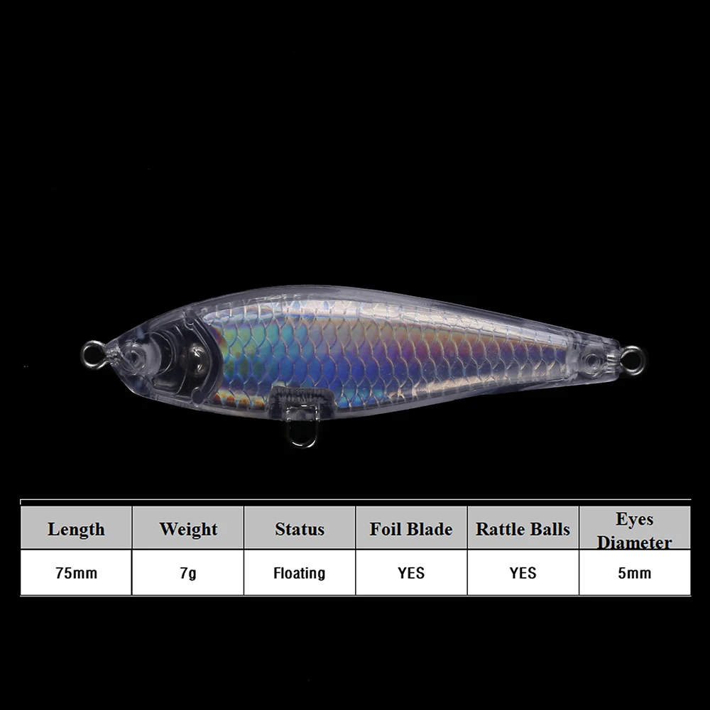 Chan'sHuang-señuelos artificiales de pesca, cebo de lápiz de lámina interior sin pintar, 7,5 cm, 7g, flotante, aparejos Wobbler DIY - imagen 2