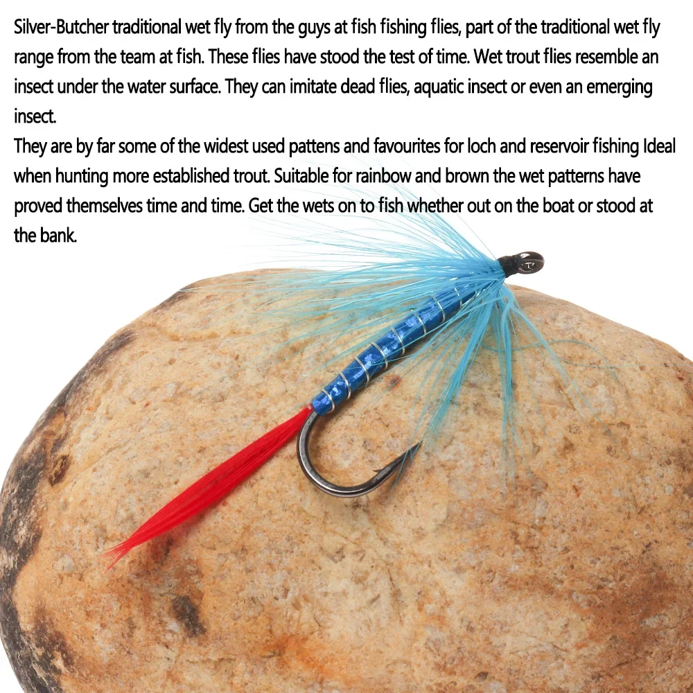 Bimoo-Señuelos de Pesca para adultos, 6 piezas, #4, azul, rojo, plateado, carnicero, mosca húmeda, gallo, Hackle, realista, puede volar, ninfa, trucha, gris - imagen 5