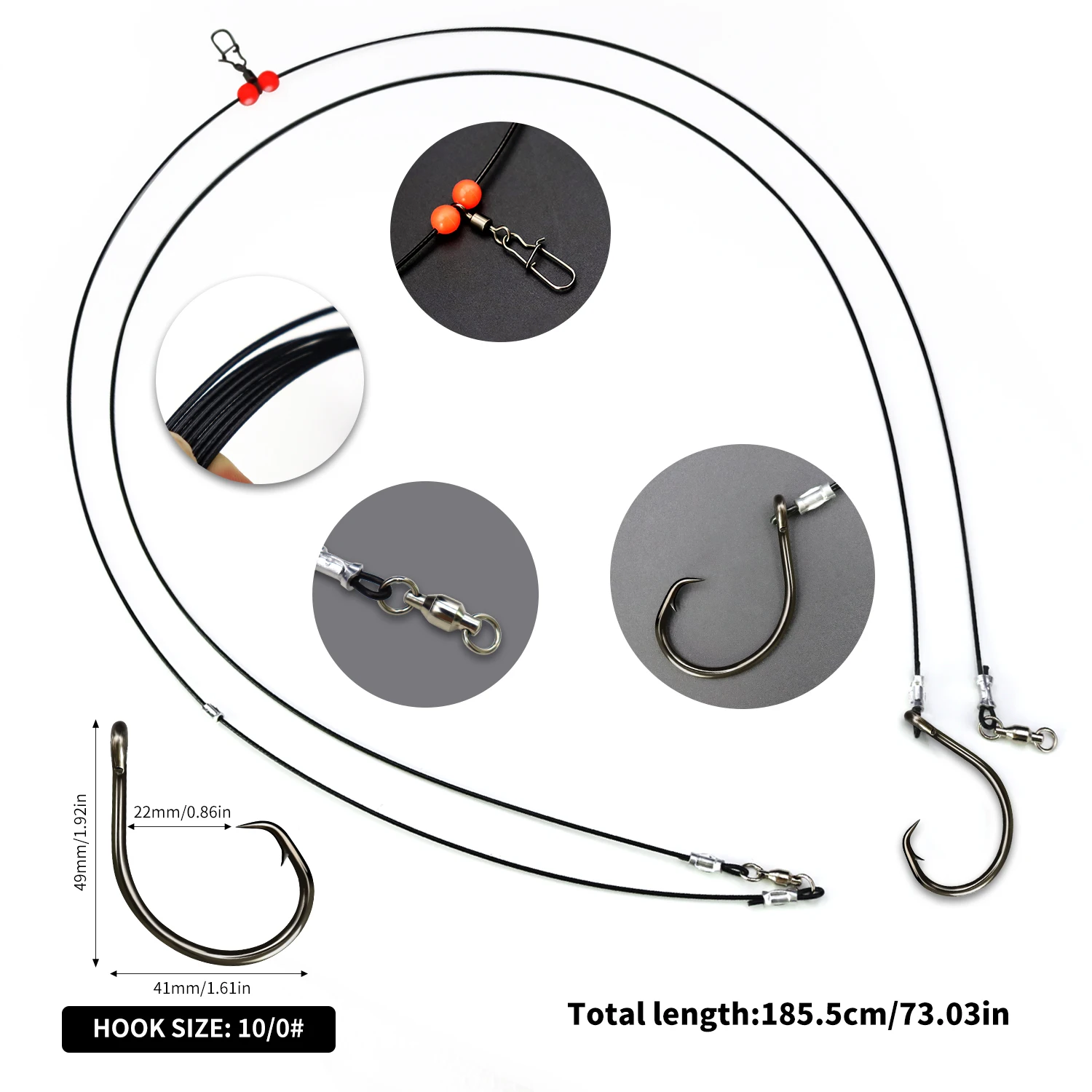 ZYZHE 1 pieza de aparejos de pesca marítima con 49 hebras de alambre de acero 10/0 #   Anzuelos circulares Ideal para pesca en el mar, aparejos de tiburones y atún, anzuelo de cuerda - imagen 3