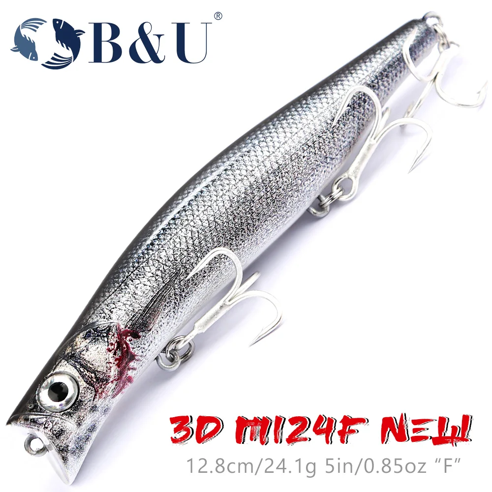 B & U 124mm Minnow señuelo duro lubina flotante Wobbler cebo duro Jerk señuelo de pesca transferencia de peso anzuelos de fundición larga