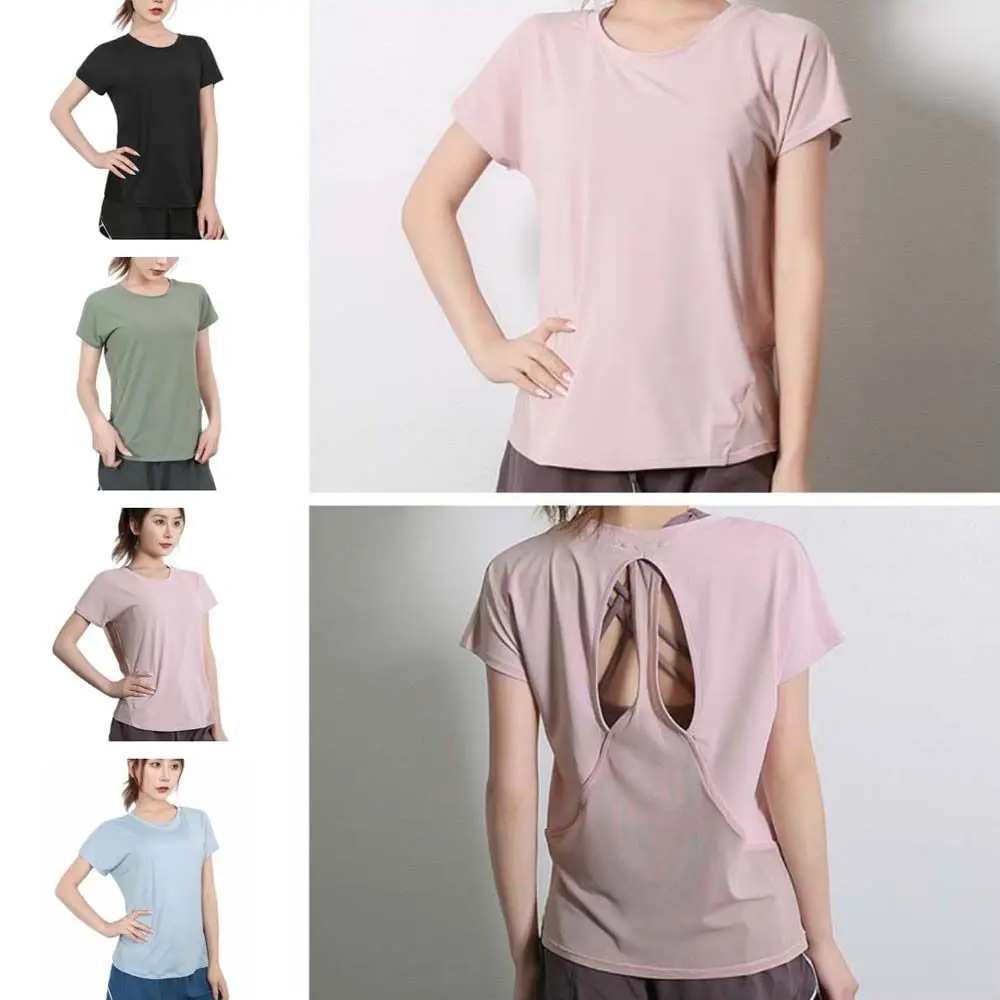 Camisetas deportivas básicas de secado rápido para Yoga, camisetas de manga corta de Color sólido para correr, camisetas deportivas holgadas con espalda descubierta, camisetas deportivas para entrenamiento y gimnasio