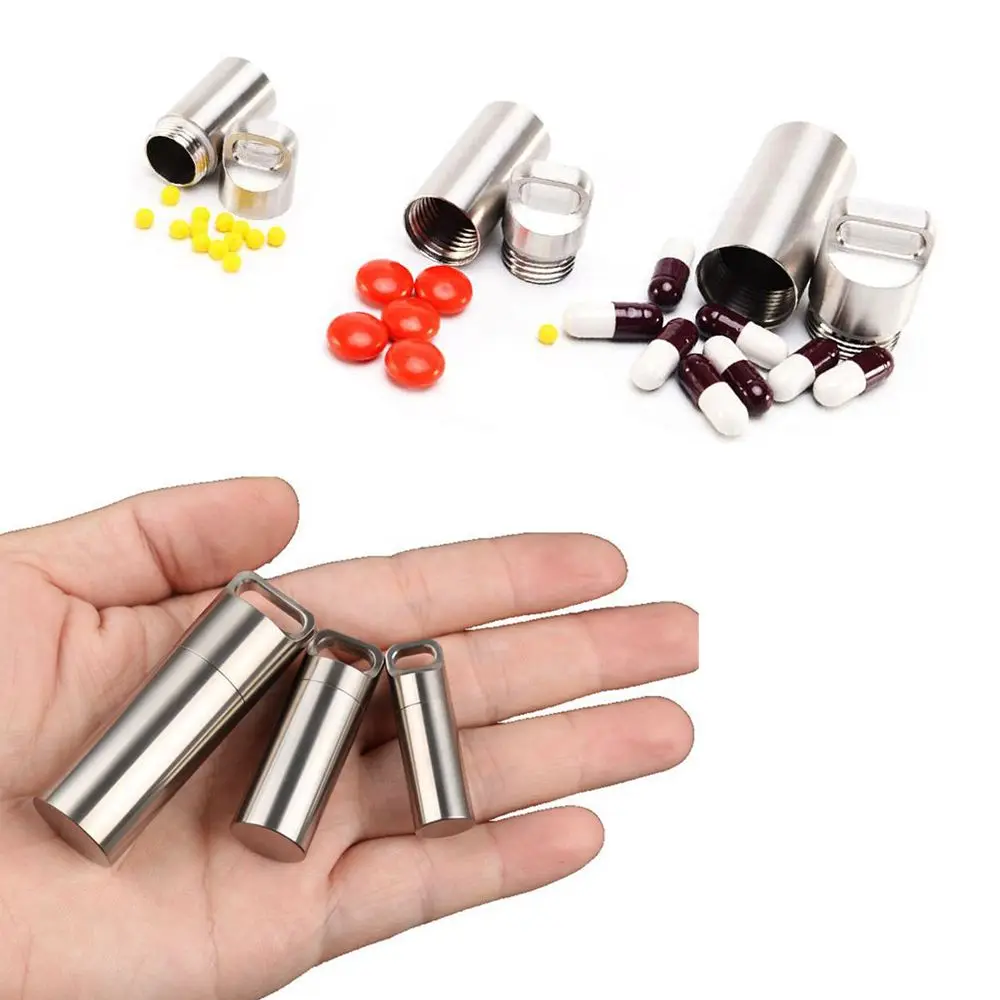 Contenedor de medicamentos de viaje de acero, cápsula EDC de supervivencia, bote de primeros auxilios de emergencia, pastillero, botella de medicina, caja de pastillas, llavero