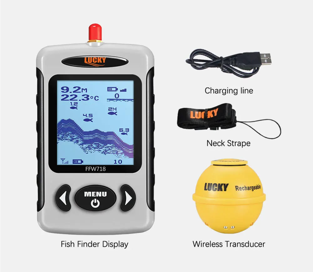 Embalaje y accesorios incluidos con el buscador de peces LUCKY