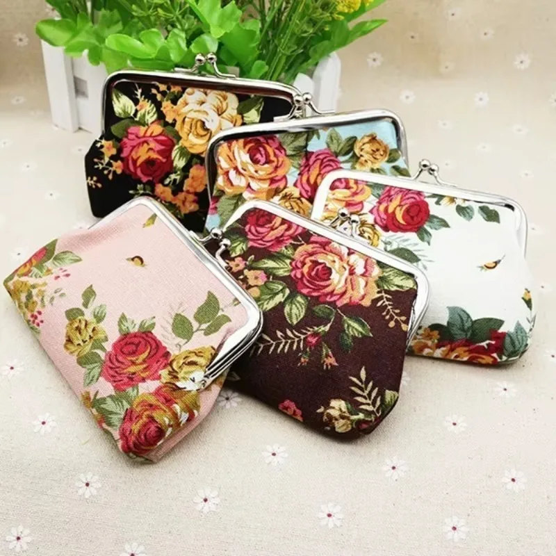 Mini bolso tipo billetera para mujer y niña, monedero de lona con estampado de flores rosas Retro, billeteras con hebilla, Mini bolso de regalo