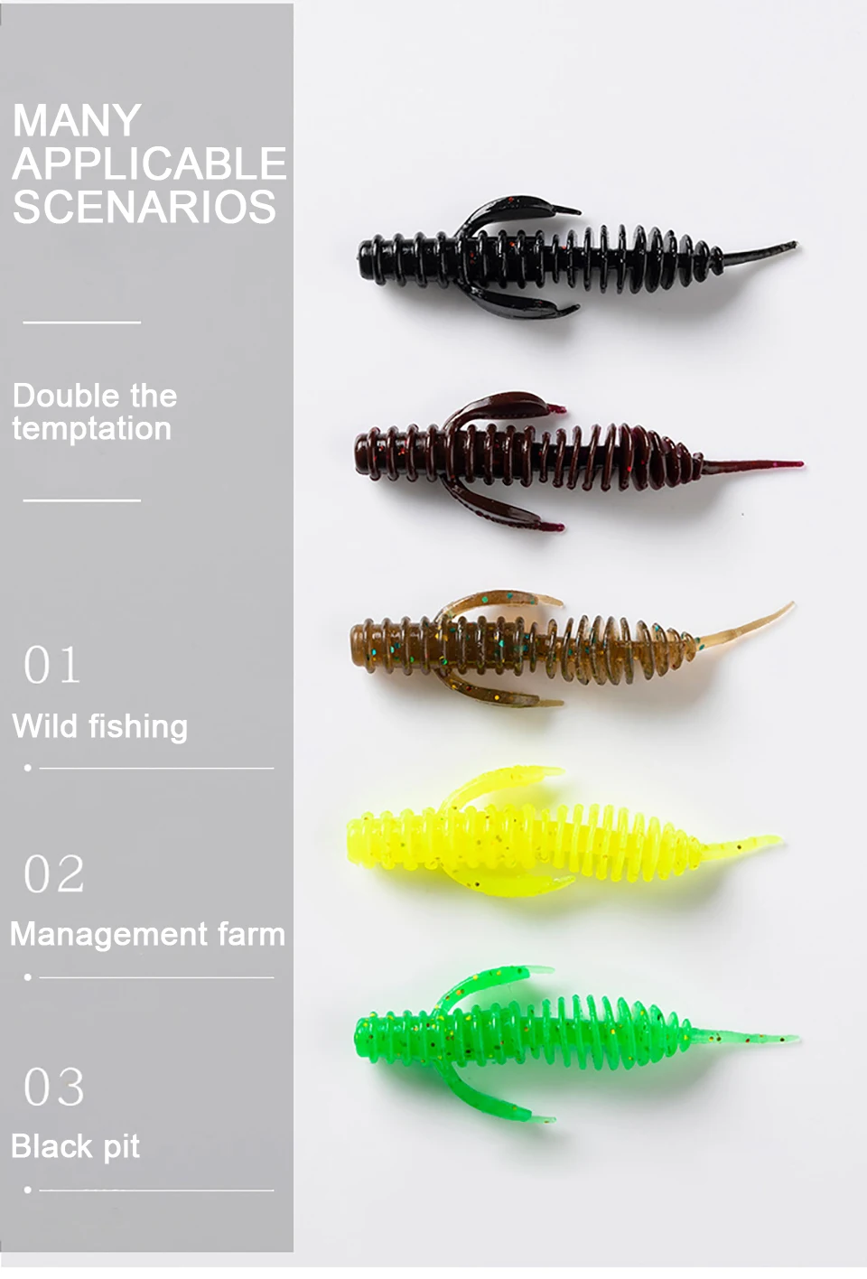 Explore escenarios de pesca versátiles con nuestro cebo codificado por colores