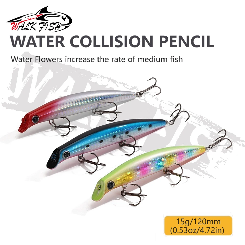 WALK FISH-señuelo de pesca con lápiz, 120mm, 15g, Topwater Popper, 3 anzuelos triples, cebo Artificial de hundimiento lento, equipo de pesca de lubina - imagen 2