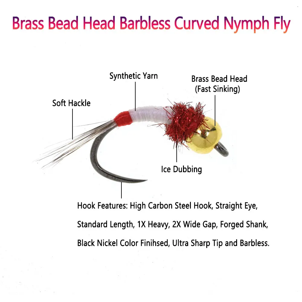 Bimoo 6PCS # 14 # 16 cabeza de cuentas de latón sin púas curvadas ninfa húmeda hundimiento rápido cebo para insectos Caddisfly trucha Grayling señuelo de pesca de lubina - imagen 2