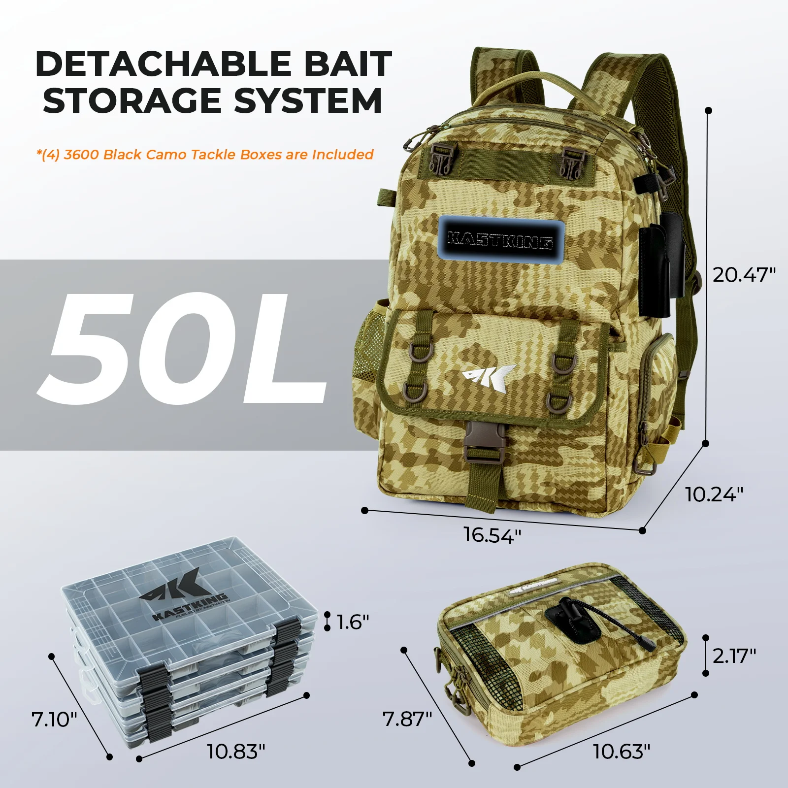 Mochila para aparejos de pesca KastKing BaitSpace de 50L con carpeta de cebo extraíble, 2 soportes para caña, almacenamiento de equipo y equipo de pesca - imagen 3