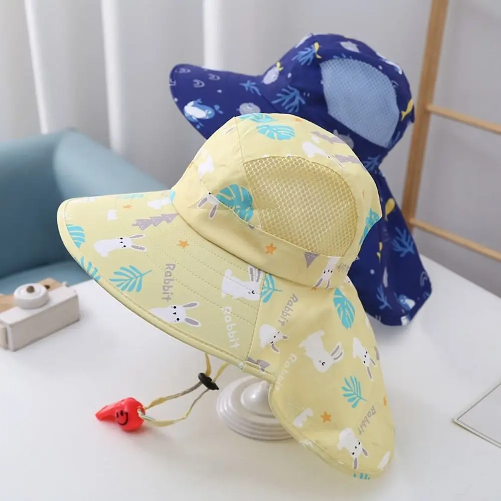 Gorro de cubo de verano para bebé, cubierta para la oreja y el cuello con silbato, sombrero protector solar para niños, gorros de playa transpirables Anti UV para niños y niñas - imagen 2