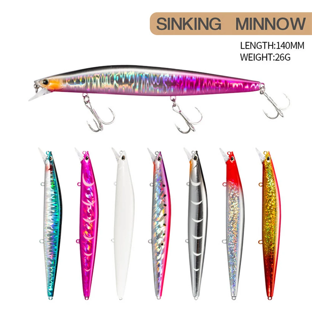 Señuelo de pesca Minnow Wobbler de 14cm y 26g, Jerkbait de hundimiento de fundición larga, cebo duro Artificial, pesca en el océano, trucha, lubina, señuelo biónico - imagen 3