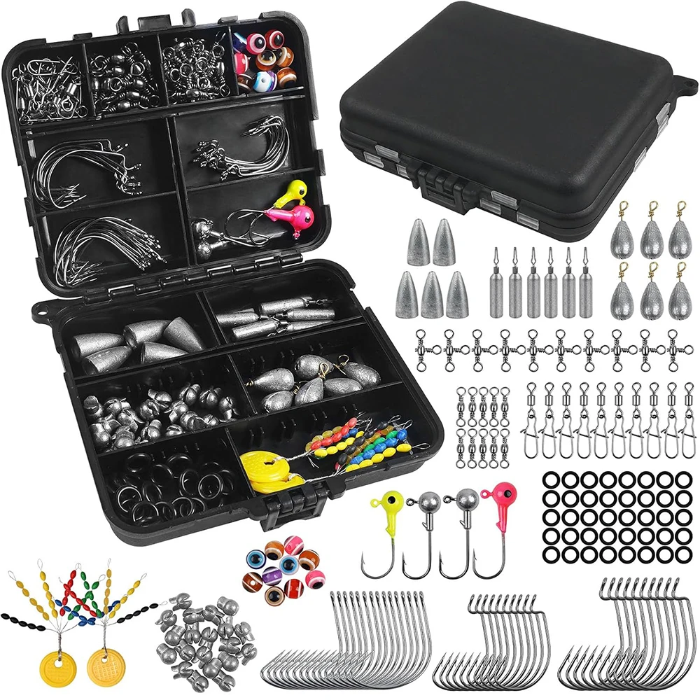 160 Uds accesorios de pesca Kit de aparejos incluidos anzuelos de pesca Bobbers giratorios peso de plomo equipo de pesca para lubina trucha