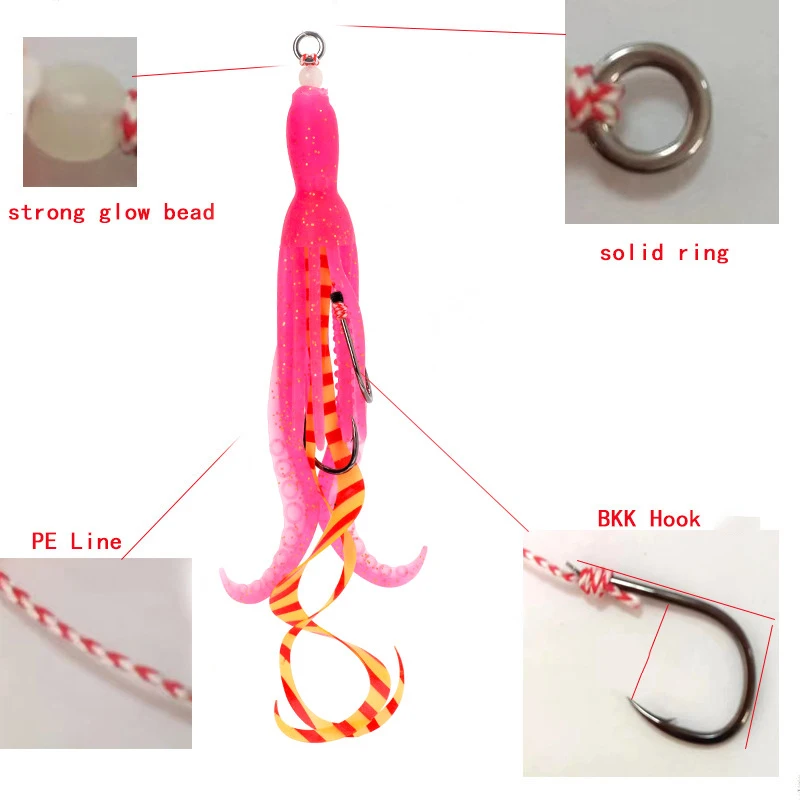 1 falda de calamar de silicona suave Lure13 # 15 # 17 # 19 #   Gancho de asistencia de Jigging lento, cebo luminoso de curricán, accesorios de pesca de mar de agua salada - imagen 3