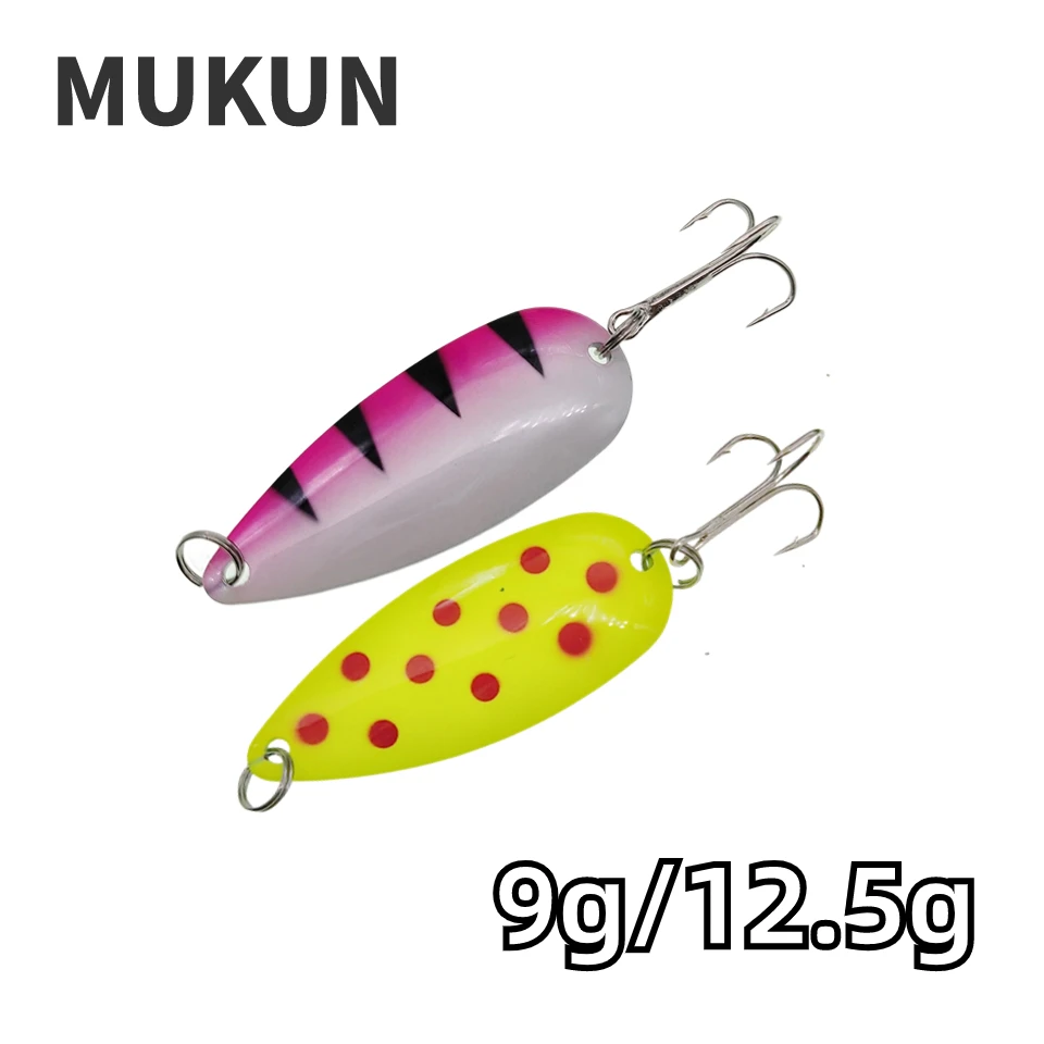 MUKUN-cuchara giratoria de pesca de Metal, 9g, 12,5g, señuelo de pesca de fundición larga, anzuelo triple, peladores de trucha, caballa, bagre, agua salada