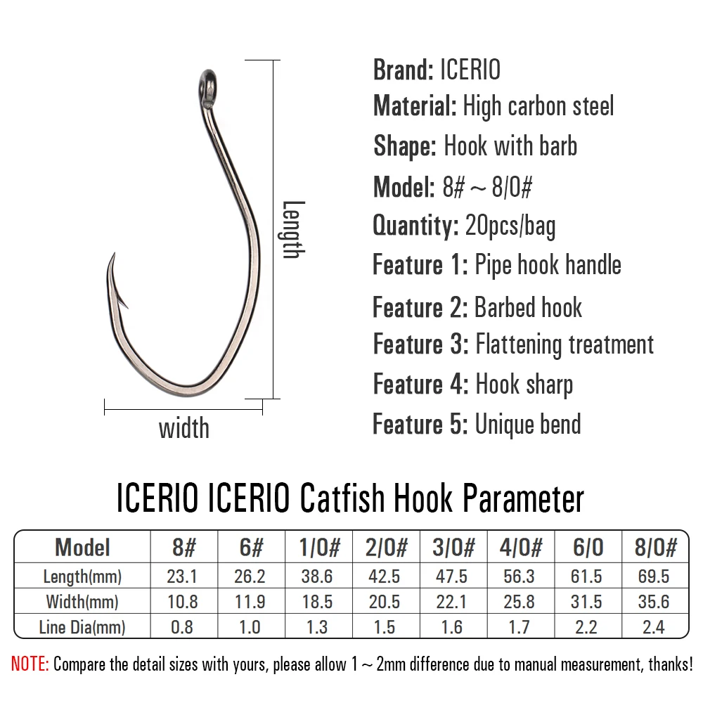 ICERIO 20 anzuelos de bagre con púas, anzuelo de agua salada de acero rico en carbono - imagen 3
