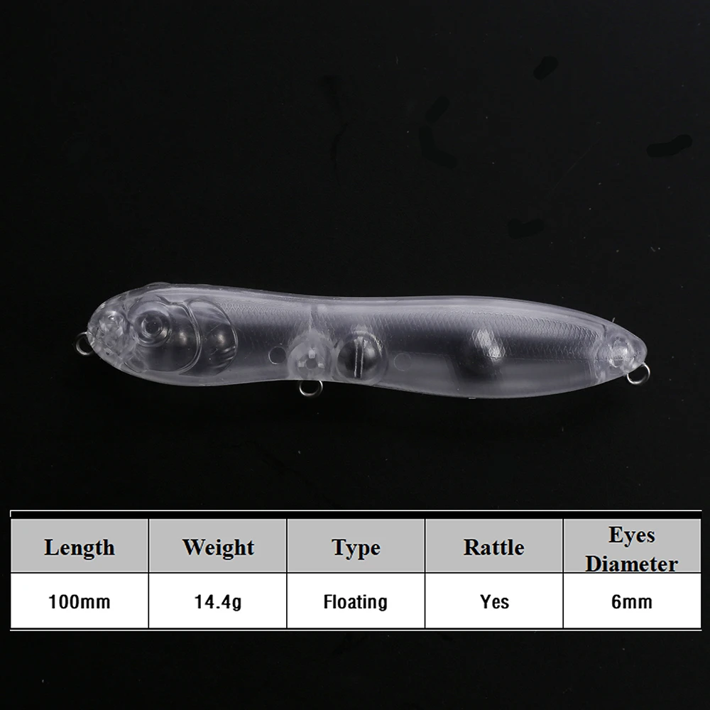 Chan'sHuang-lápiz flotante sin pintar, 20 piezas, Topwater Spook, 10CM, 14,4G, cuerpos transparentes, sonajeros para caminar, señuelo en blanco DIY - imagen 2
