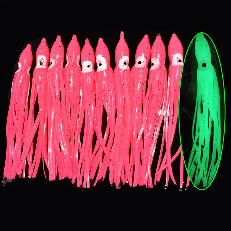 10 unids/lote 12cm falda luminosa de calamar pulpo de agua salada Señuelos de pesca de plástico suave faldas de curricán para lubina salmón trucha - imagen 5