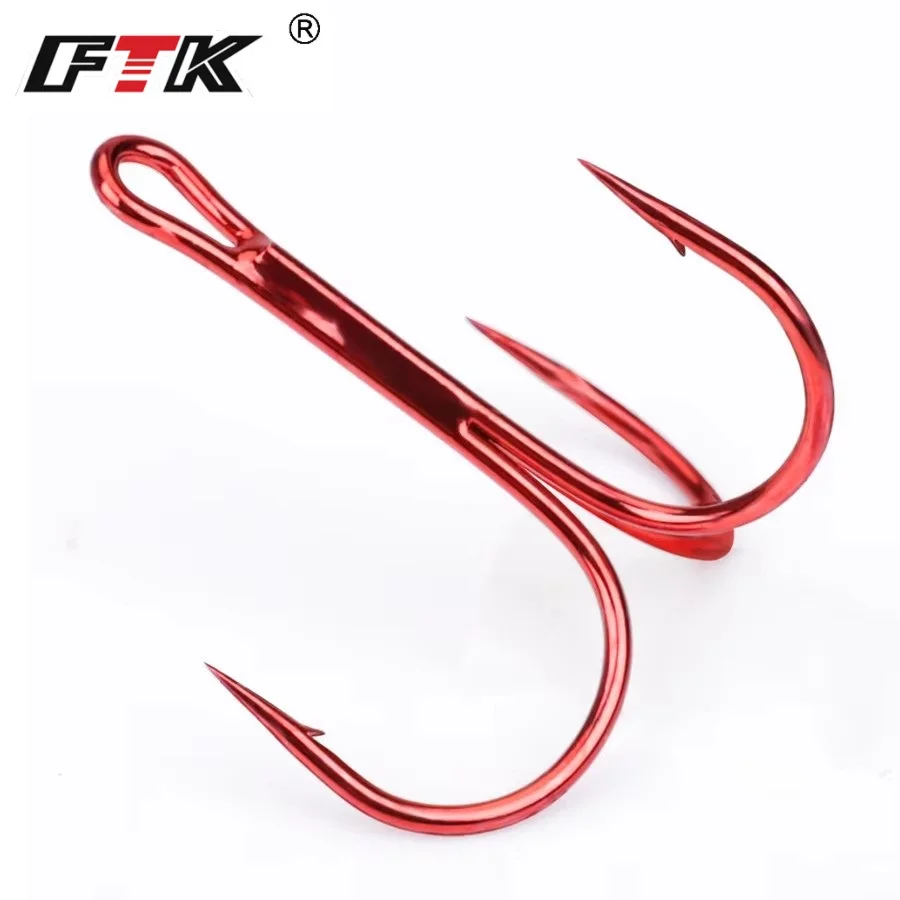 FTK 10-20 piezas anzuelos triples de acero rico en carbono rojo 2/0 1/0 1 2 4 6 #   Aparejos de pesca con cebo, curva redonda para Lucio - imagen 5