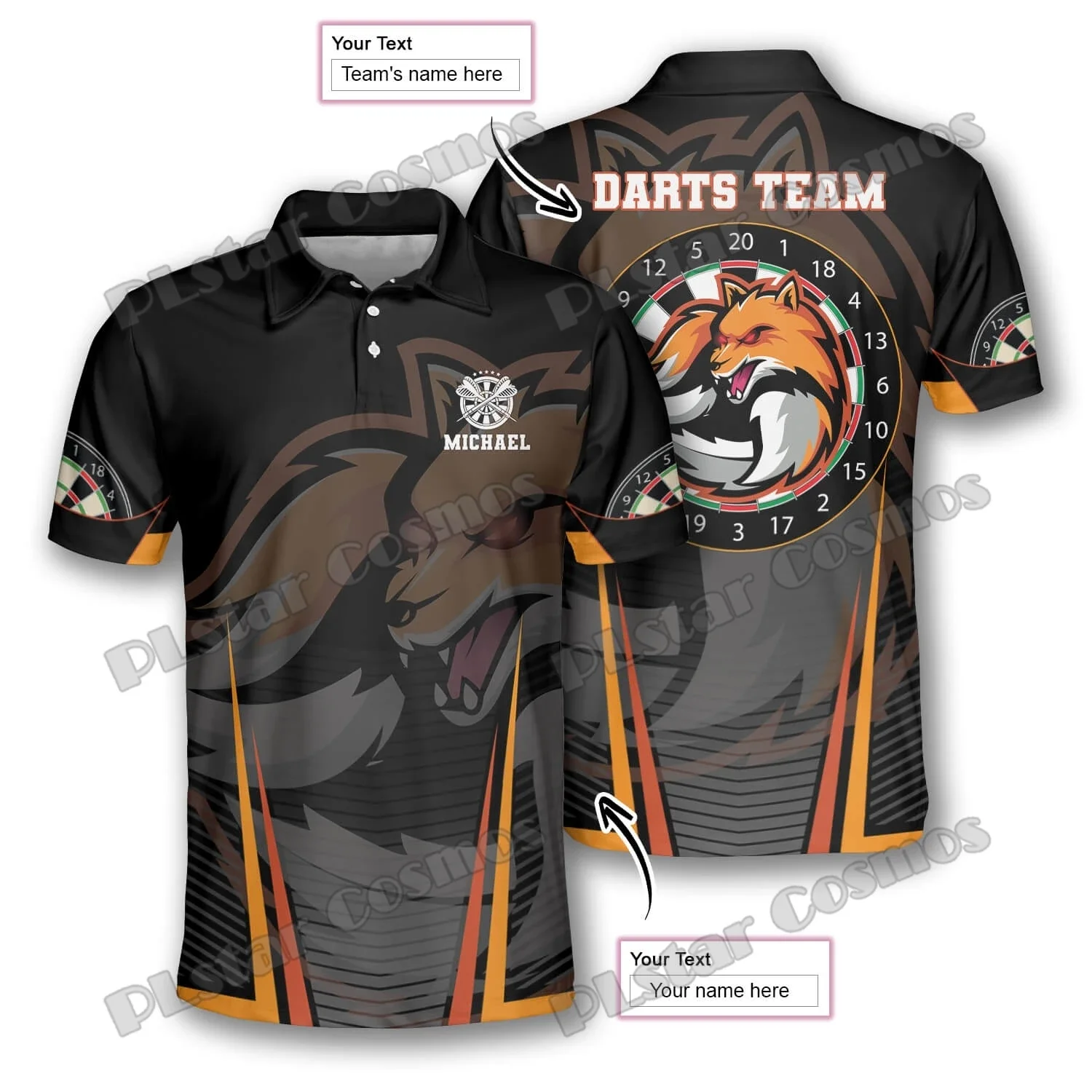 Dardos Lobo Naranja Negro Dardos personalizados 3D Impreso Moda Polo para hombres Verano Casual Unisex Polo premium PLP41 - imagen 4