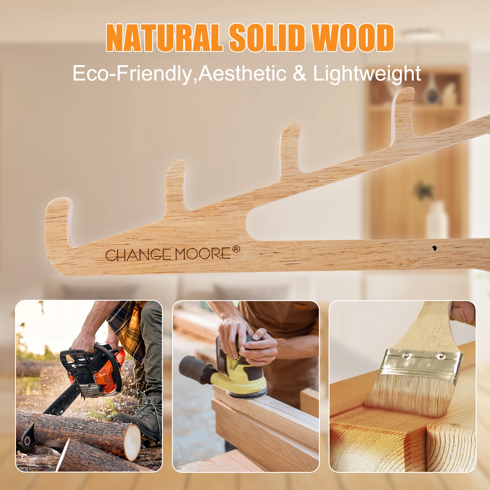 Goture Organizador de caña de pescar montado en la pared, estante de madera maciza con ganchos en S, montaje fácil que ahorra espacio, exhibición de almacenamiento de caña de pescar - imagen 3