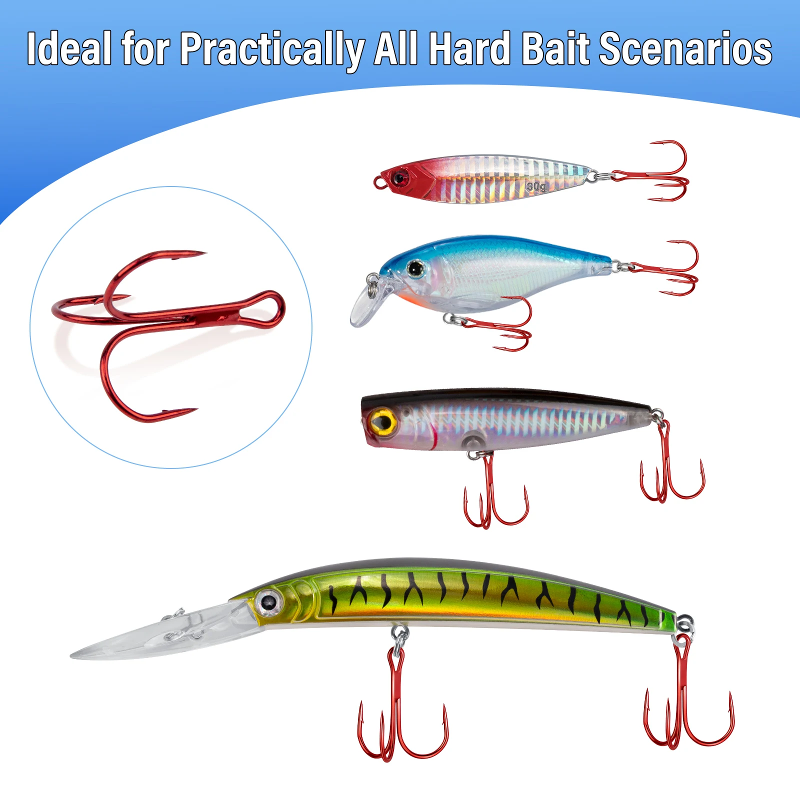 50 Uds. Anzuelos de pesca triples, anzuelos de pesca de acero alto en carbono con Triple agarre, curvatura redonda roja, para bagre, lubina, trucha, cebo duro de repuesto - imagen 2