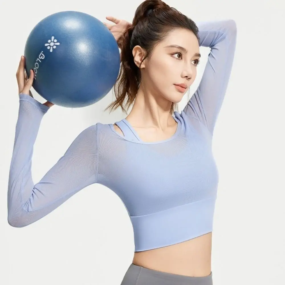 Top de Yoga de manga larga para mujer, Top deportivo con almohadilla fija para el pecho, empalme de malla, Jersey, camiseta de entrenamiento transpirable con cuello - imagen 2