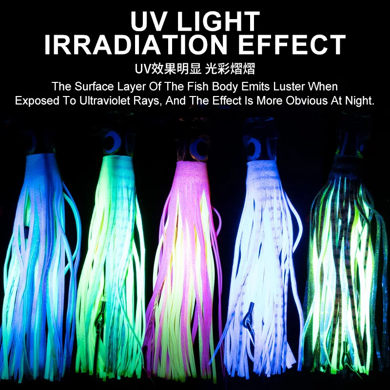 Señuelos de atún de falda de curricán, cebo de calamar biomimético con luz UV, 110g/9 pulgadas, para pesca de curricán en el mar Marlin - imagen 5