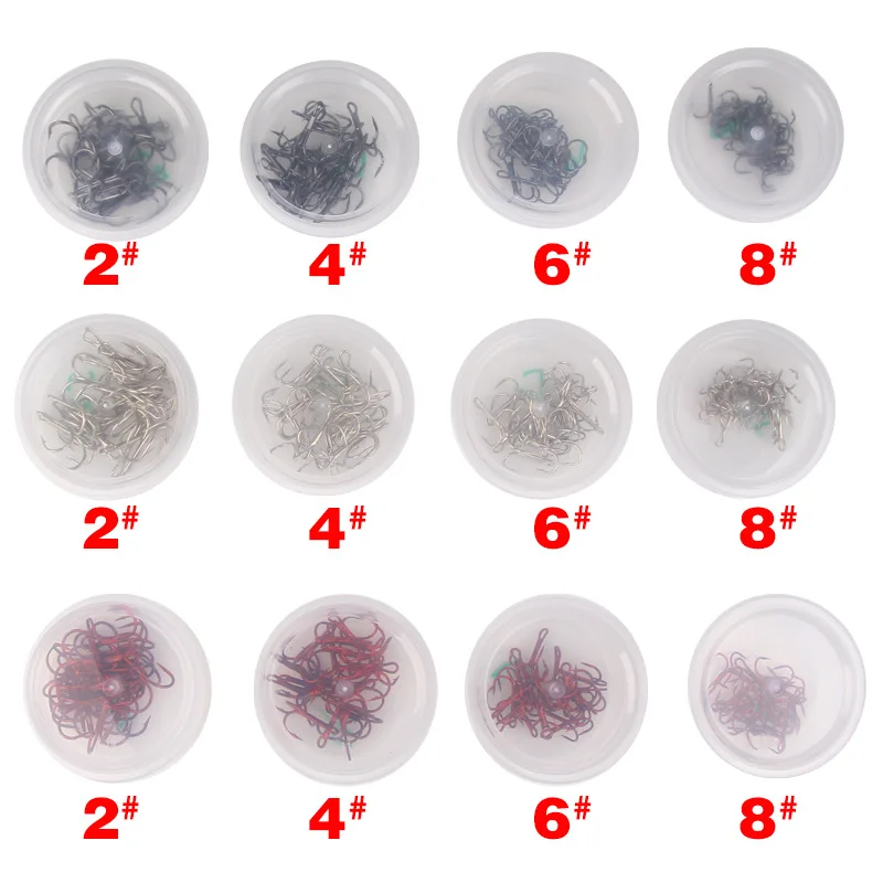 20 piezas anzuelos triples de acero rico en carbono súper afilados tamaño sólido 2 # -8 #   Anzuelo de pesca de púas triple plateado, anzuelo de pesca de Jigging rojo - imagen 3
