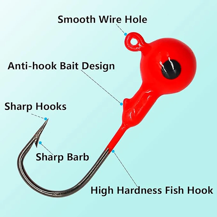 Juego de 5 cabezales de anzuelo de pesca de 3,5g y 5g, anzuelos de pesca de bola redonda roja para lubina Swimbait de agua dulce y salada - imagen 2