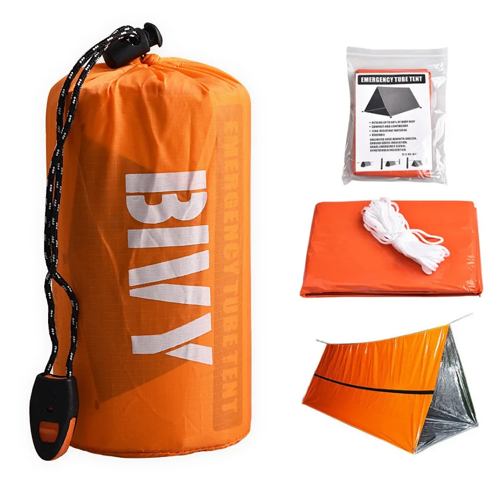 Kit de tienda de supervivencia Bivy, refugio de emergencia para 1-2 personas, tienda de campaña de tubo Mylar, saco de dormir impermeable para exteriores, manta térmica SOS reutilizable - imagen 2