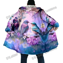Capa de invierno a la moda para hombre, capa con capucha de lana gruesa con estampado 3D de jardín de colibrí y animales, capa cálida informal Unisex BB39