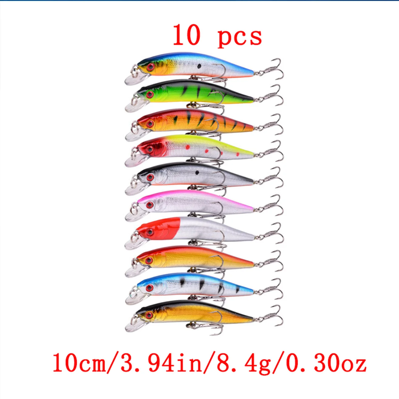 Juego de 10 piezas de cebos Lure Minnow, 10 cm 8,4 g, señuelos flotantes de fundición larga, atracción de peces biónicos 3D, especialmente para lubina y pik - imagen 2