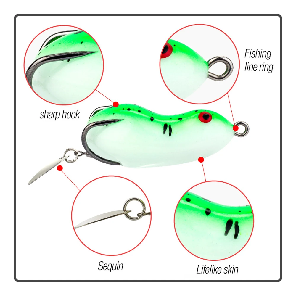 Señuelo de silicona de 45mm y 7g, cebo falso de rana pequeña, pez negro, percha afilada de doble gancho con lentejuelas intermitentes, se puede girar 360 ° - imagen 3