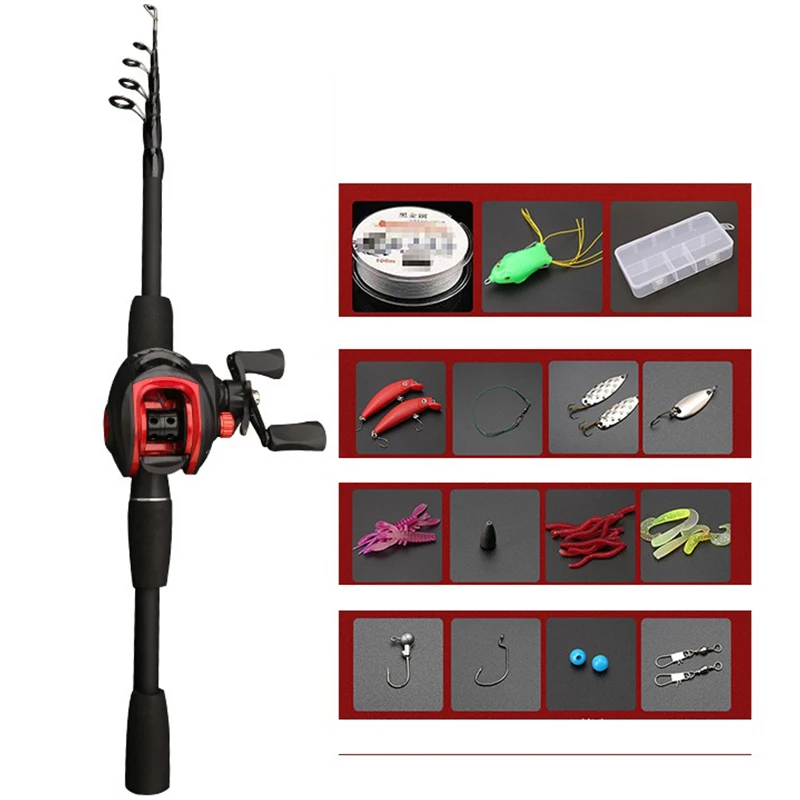 Caña de pescar telescópica de fibra de carbono, juego de carretes giratorios y Baitcasting, Kit de viaje - imagen 3