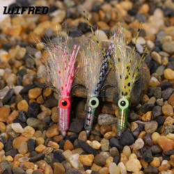 Wifreo 3PCS # 4 pequeñas moscas de calamar 3D ojos luminosos cuerpo Flash trucha Artificial lubina Señuelos de pesca de agua salada cebos Oliva Rosa negra