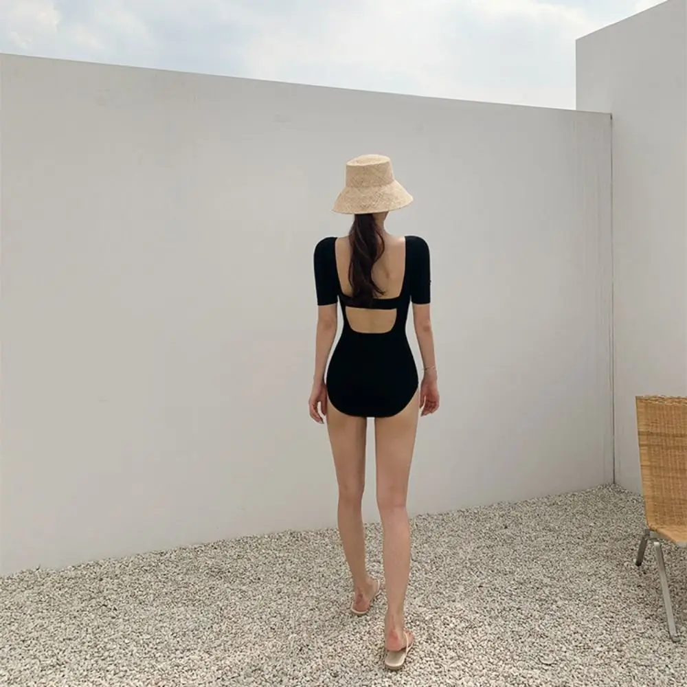 Nueva moda, traje de baño calado de Color sólido, diseño delgado, corte de malla, traje de baño sin espalda, traje de baño de manga corta de cintura alta, primavera caliente - imagen 2