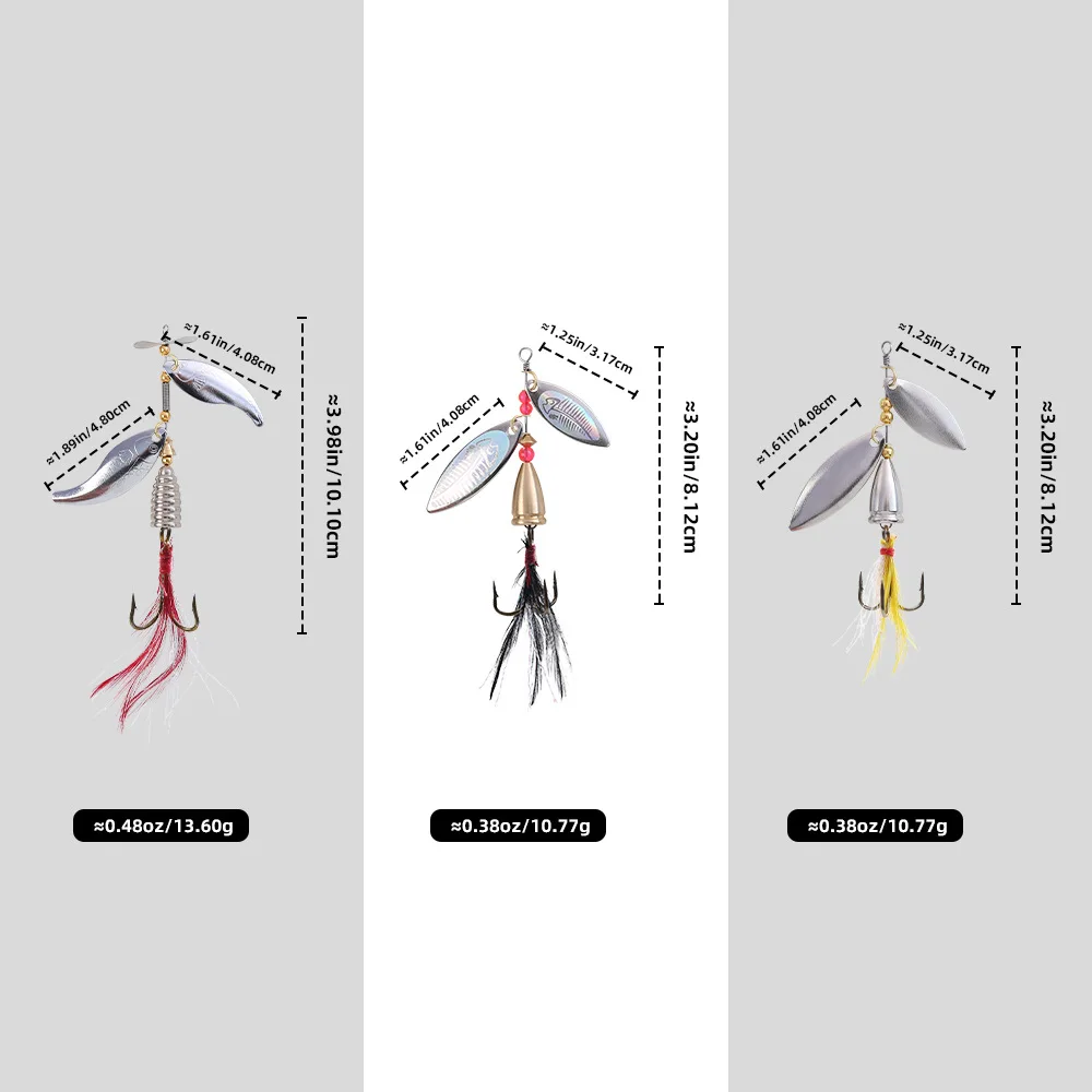 Señuelo de pesca giratorio de cola de gallo, 10,77g, 13,6g, con anzuelo triple, Wobbler giratorio de doble hoja para lubina, trucha, agua salada - imagen 4