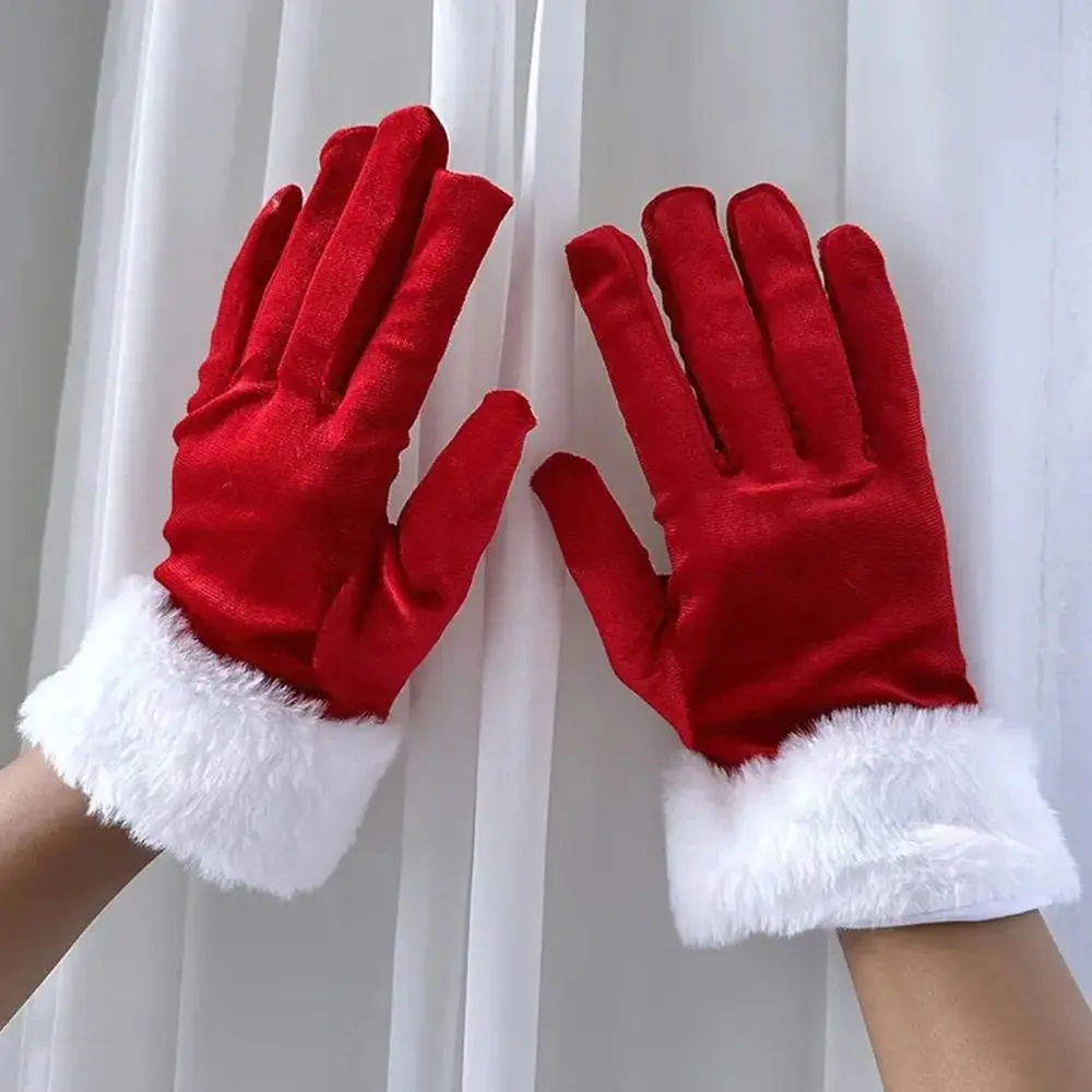 Moda con adorno de piel sintética guantes rojos navideños guantes cortos suaves para vacaciones guantes de terciopelo hombres mujeres - imagen 5