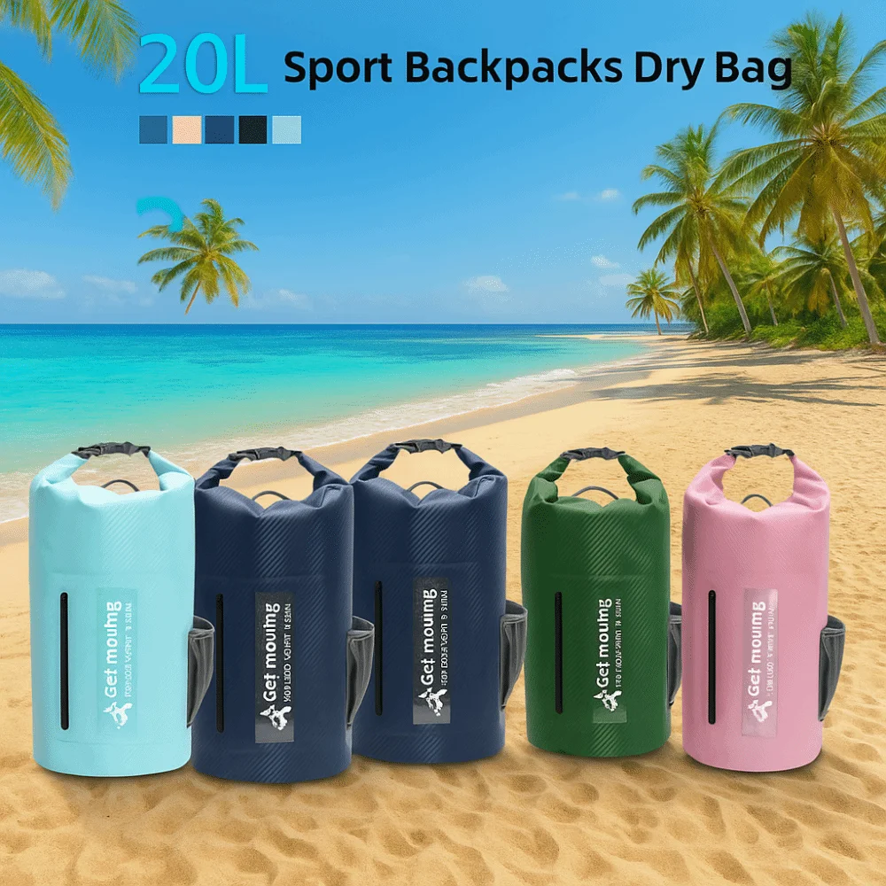 Bolsa seca impermeable de 20L con correas para los hombros, bolso tipo cubo para natación de gran capacidad, mochila de playa plegable ligera, playa de verano - imagen 4