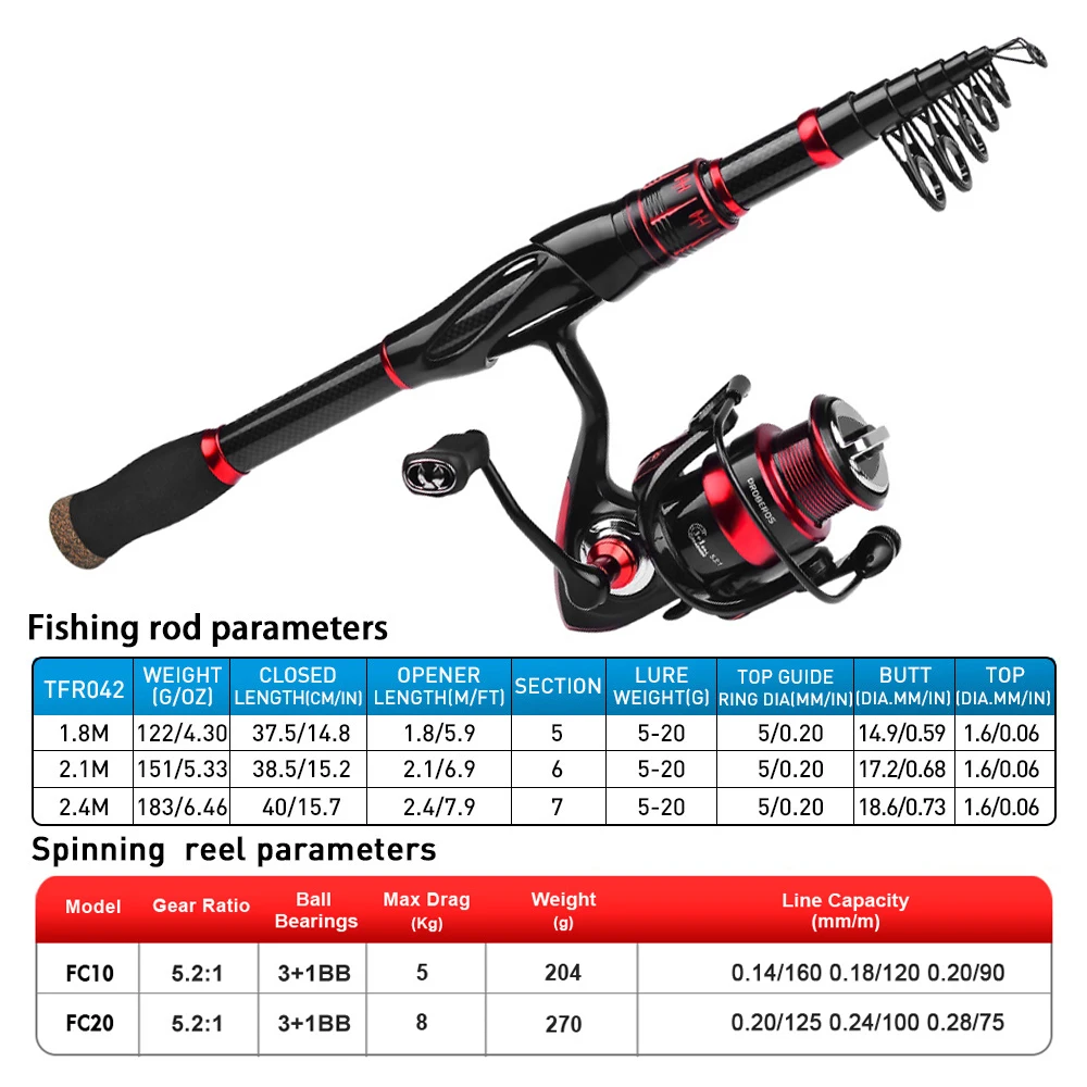 Juego de caña de pescar, carrete giratorio telescópico de arrastre máximo de 1,8 m-2,4 m, 5kg, con 3 + 1BB, relación de engranaje 5,2: 1, para caña y carrete combinada - imagen 3
