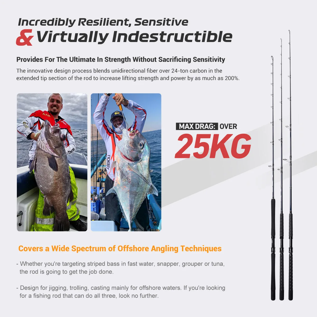 Noeby Beast Caña de pescar giratoria convencional, barco pirofil Fuji de atún en alta mar, caña de pescar de agua salada, 1,98 m, juego grande - imagen 5