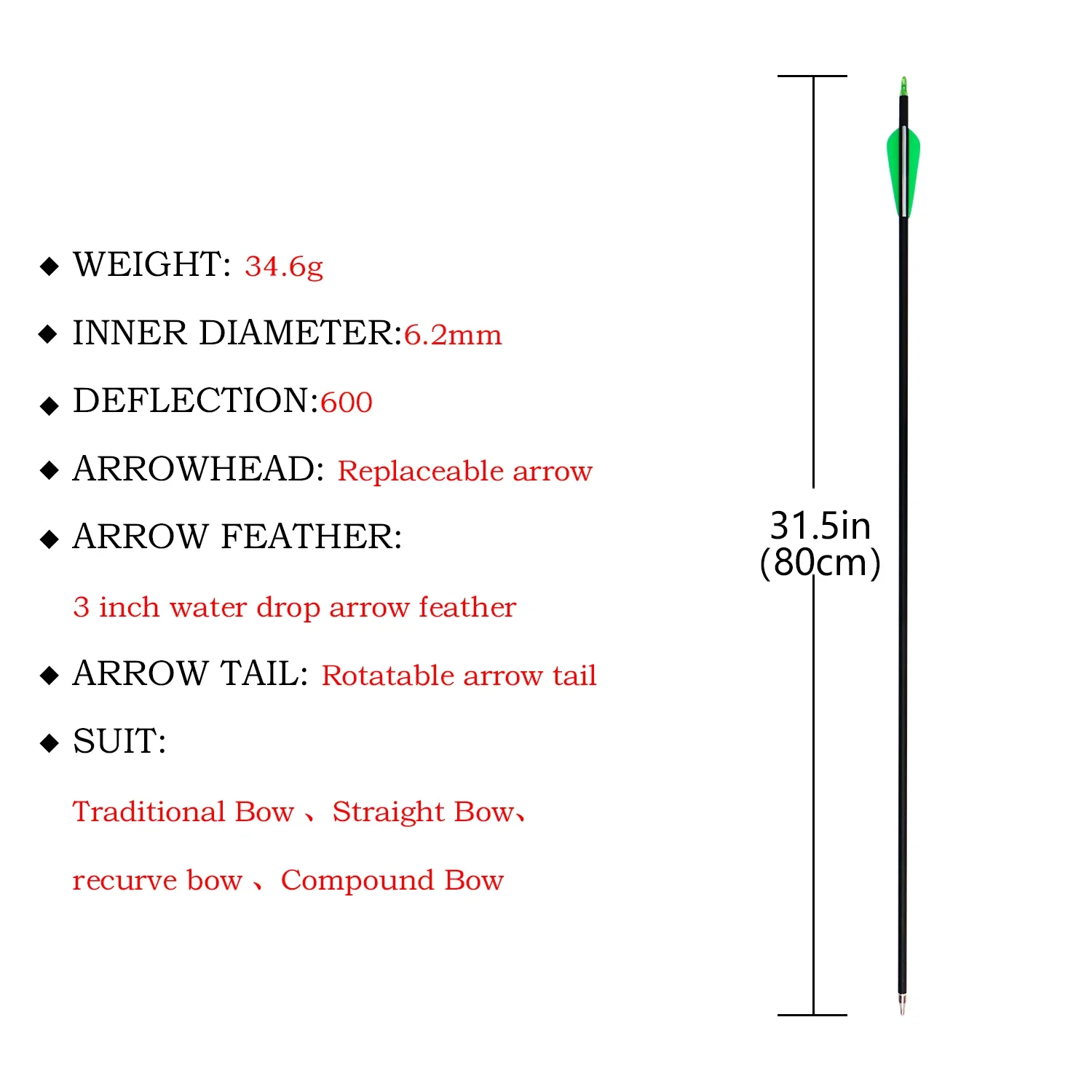 Flecha de carbono mezclada con plumas de goma de 7,8mm, flecha de Metal verde y blanco para adultos de 31,5 pulgadas con punta de flecha desmontable - imagen 2