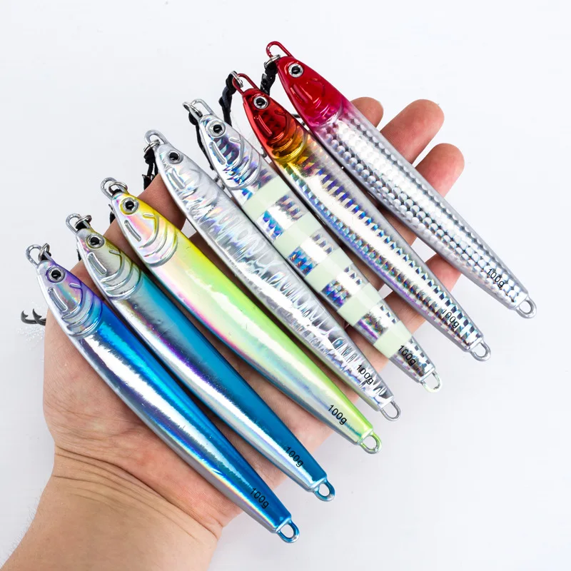 Cebo duro luminoso de 40g, 60g, 80g, 100g, señuelo de fundición de Jigging rápido, 7 colores, cebo de plantilla de Metal para pesca con anzuelo de doble asistencia para lubina - imagen 5